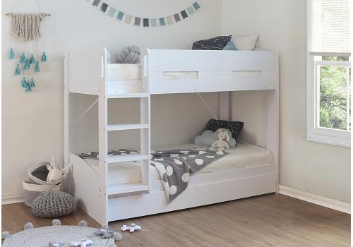 Billy White wood finish kids bed frame with pullout under guest bed trundle,triple sleeper/unde 1